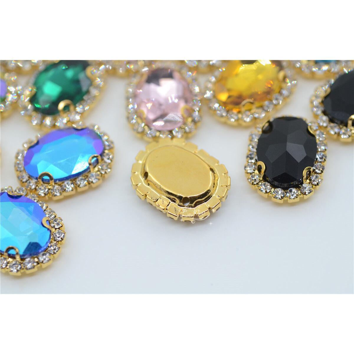 12pcs crystal glass rhinestone sew on button trim 13x18mm oval golden color your