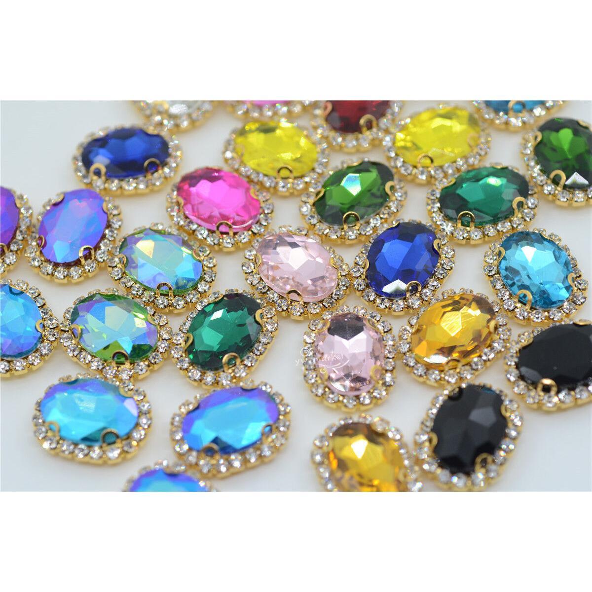 12pcs crystal glass rhinestone sew on button trim 13x18mm oval golden color your