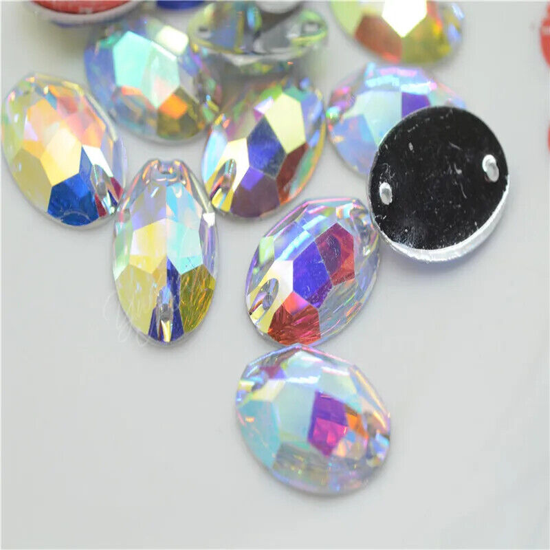 Crystal resin rhinestones AB Oval Applique Flatback Costume craft dress Sew On