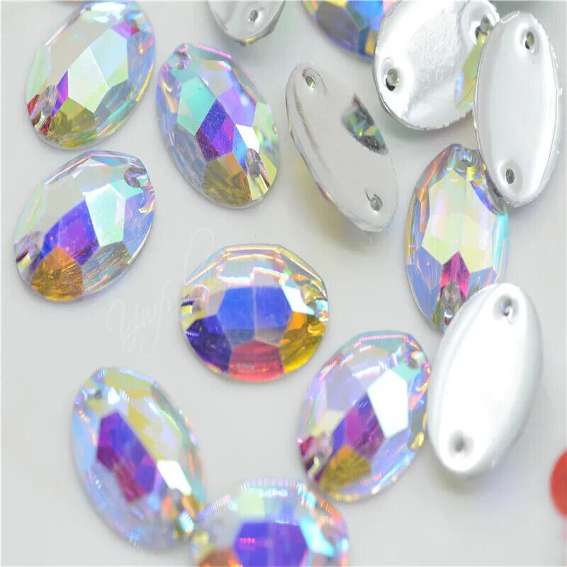 Crystal resin rhinestones AB Oval Applique Flatback Costume craft dress Sew On