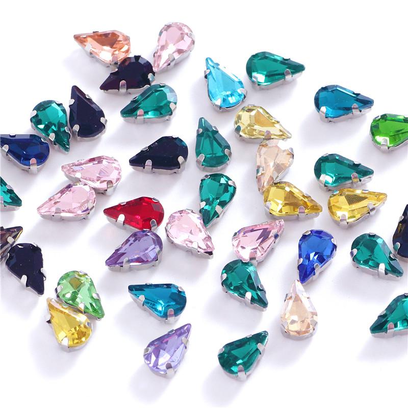 Colorful Teardrop Glass Crystal Sew on Rhinestones with Silver Claw Sew On Gemstones for Clothing Accessories