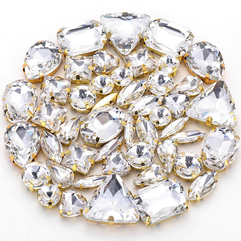 50pcs Color Mixed Shape Sew on Glass Rhinestone Gold Claw Crystal Buckle Diy Wedding Decoration Clothes Shoe Dress