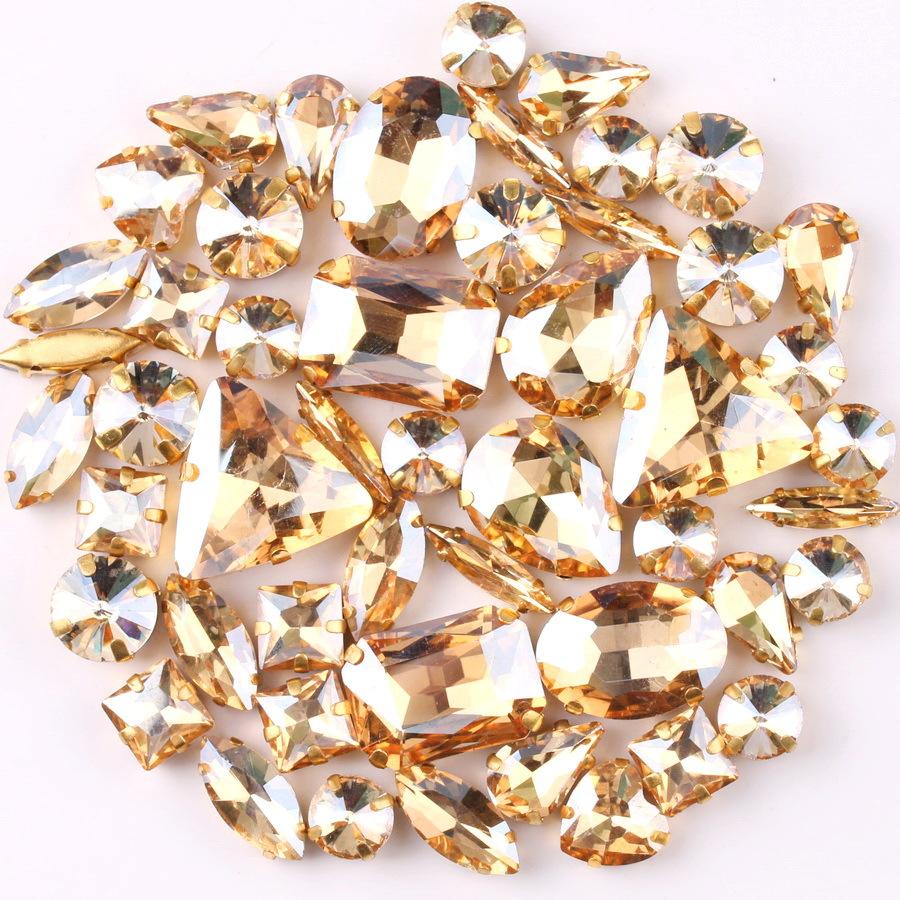 50pcs Color Mixed Shape Sew on Glass Rhinestone Gold Claw Crystal Buckle Diy Wedding Decoration Clothes Shoe Dress