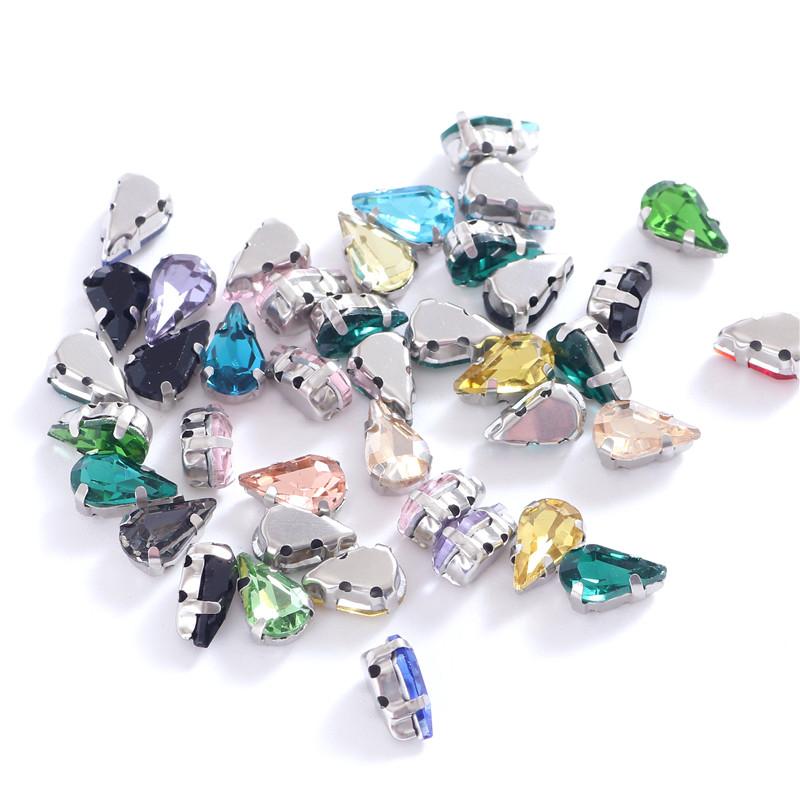 Colorful Teardrop Glass Crystal Sew on Rhinestones with Silver Claw Sew On Gemstones for Clothing Accessories