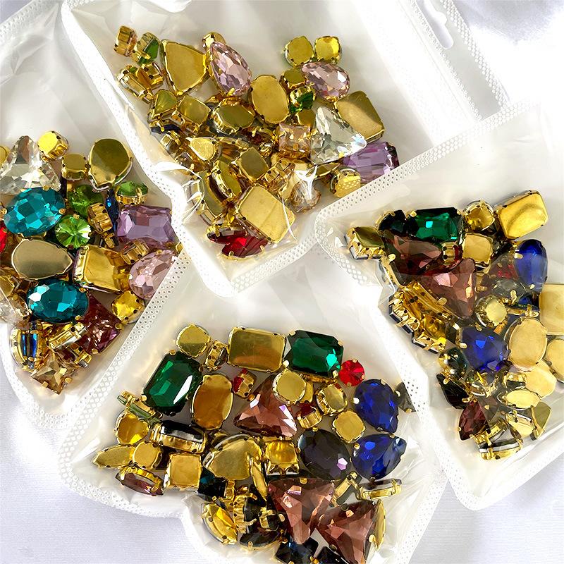 50pcs Color Mixed Shape Sew on Glass Rhinestone Gold Claw Crystal Buckle Diy Wedding Decoration Clothes Shoe Dress