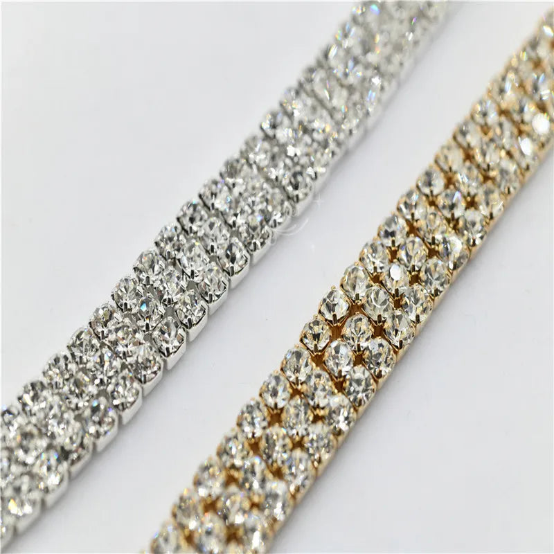 Rhinestones chain belt silver Crystals 3 row Trim Applique Sew on for jewelry chain Party Wedding Dress Decoration sew on