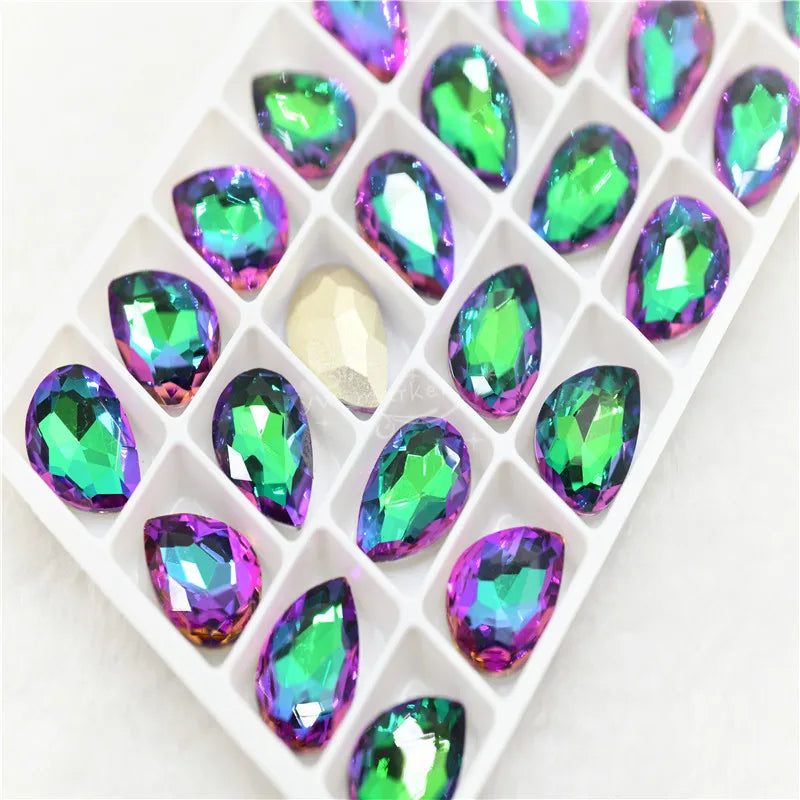 rainbow crystals stones purple  green light pointback teardrop Sphinx grems  for clothing  Jewelry  making 13x18mm