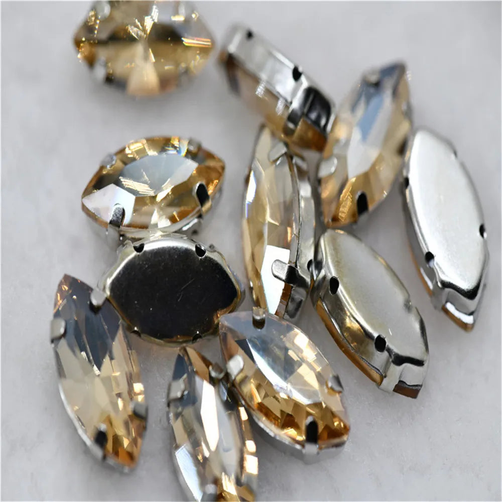 Navette rhinestones with claw silver golde base clothes sew on jewels soldering DIY jewelry Accessories