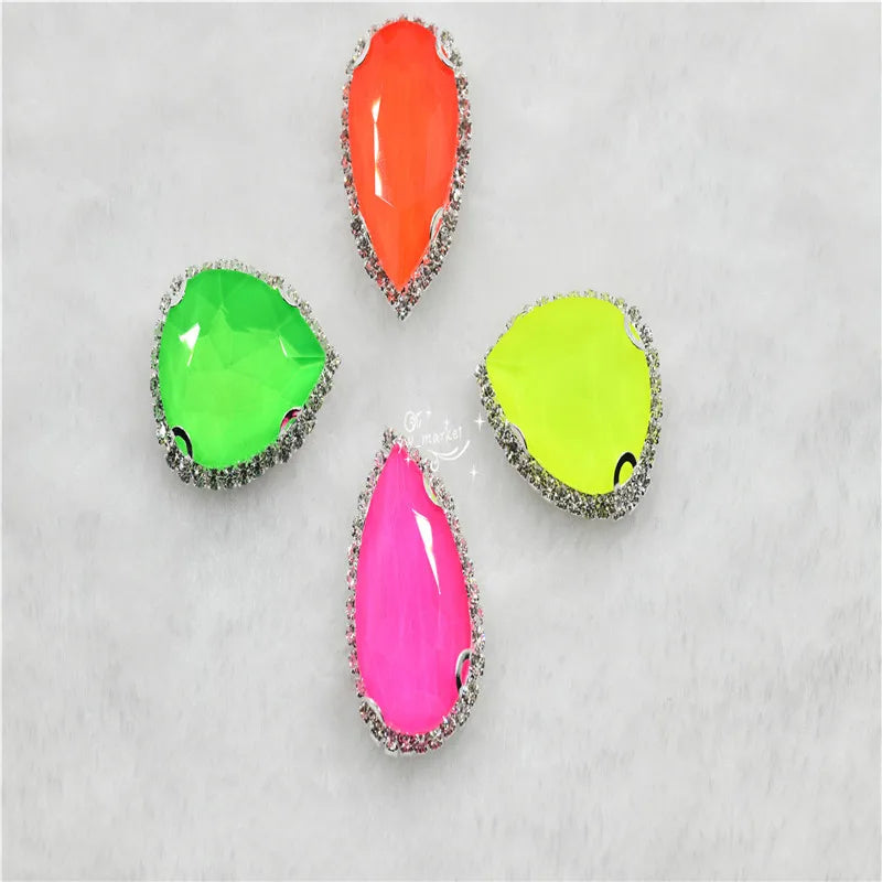 neon Color rhinestone Applique Strass Diamond with claw  Buttons  teardrop shape Jewelry making ClothingSEW ON