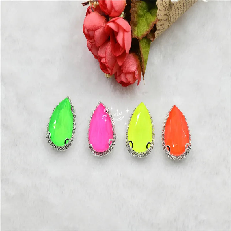 neon Color rhinestone Applique Strass Diamond with claw  Buttons  teardrop shape Jewelry making ClothingSEW ON