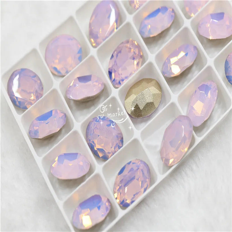 Oval Opal pink stones Glass Rhinestones Pointback Glue on Garment Crafts Jewels making 13x18mm