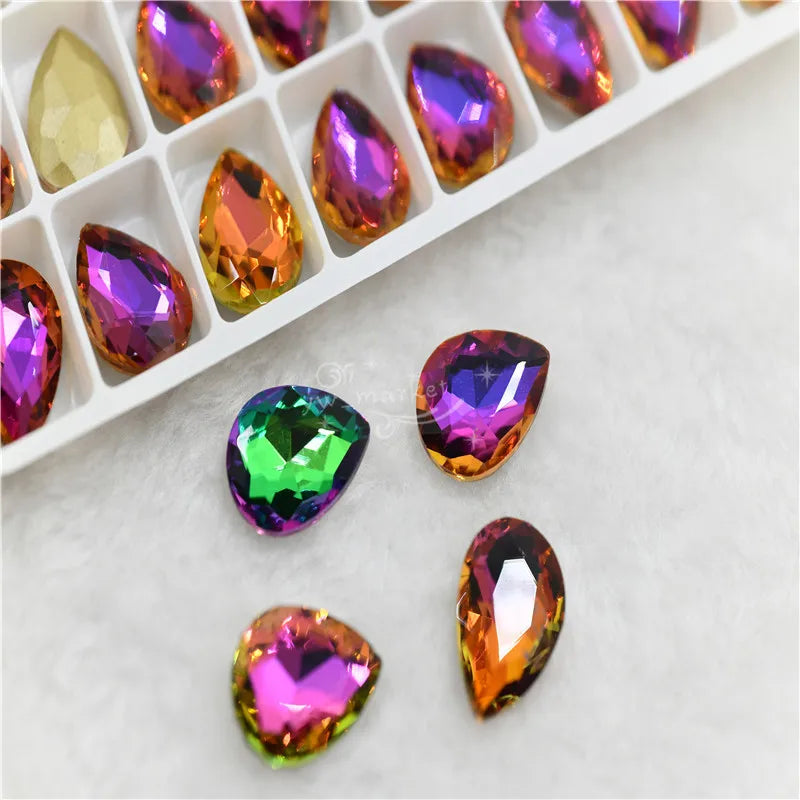 rainbow crystals stones purple  green light pointback teardrop Sphinx grems  for clothing  Jewelry  making 13x18mm