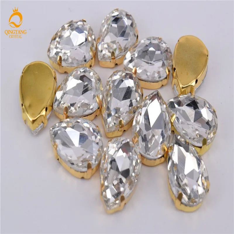 Golden Setting  Crystal AB Rhinestone Teardrop Stones  Applique Strass buttons for clothes Costume Dress SEW ON