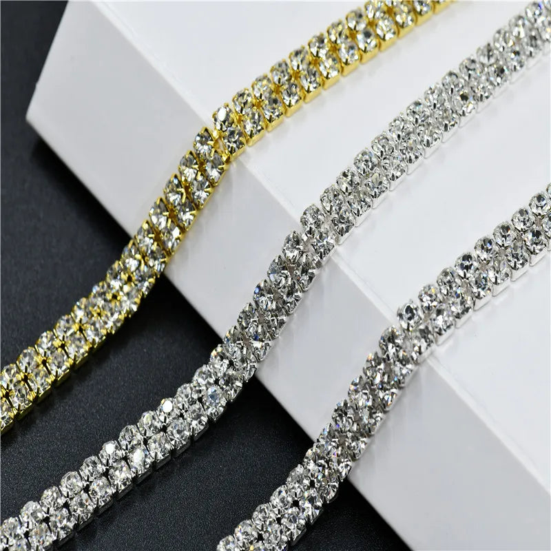 10 yards Glitter 2 rows Rhinestones chain AAA quality  silver gold claw Wholesale  Wedding decoration bride Dress sewing trim