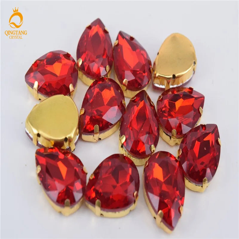 Golden Setting  Crystal AB Rhinestone Teardrop Stones  Applique Strass buttons for clothes Costume Dress SEW ON