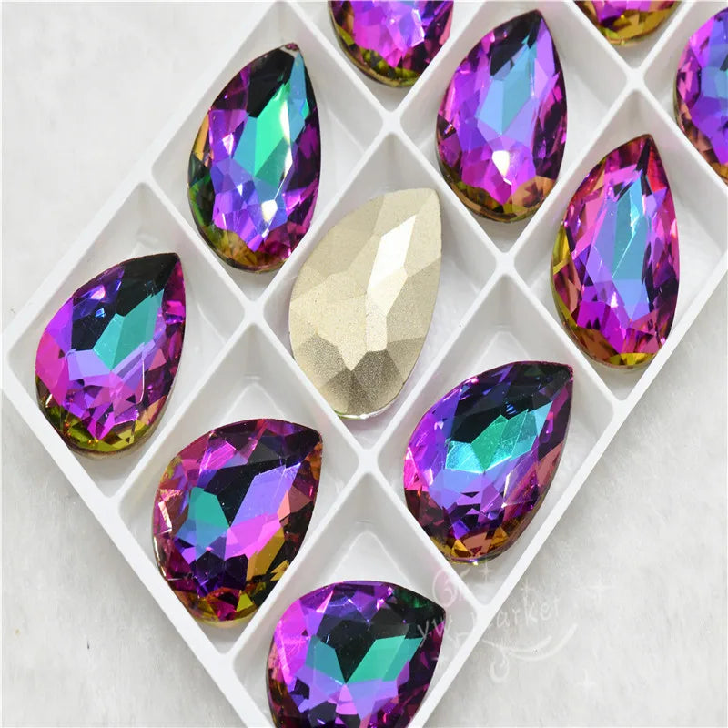 rainbow crystals stones purple  green light pointback teardrop Sphinx grems  for clothing  Jewelry  making 13x18mm