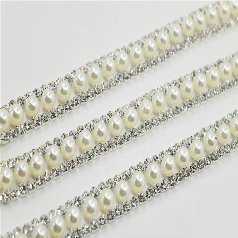 Pearls Crystal Rhinestone Applique Strass Trims Silver Gold Base Bridal Dress