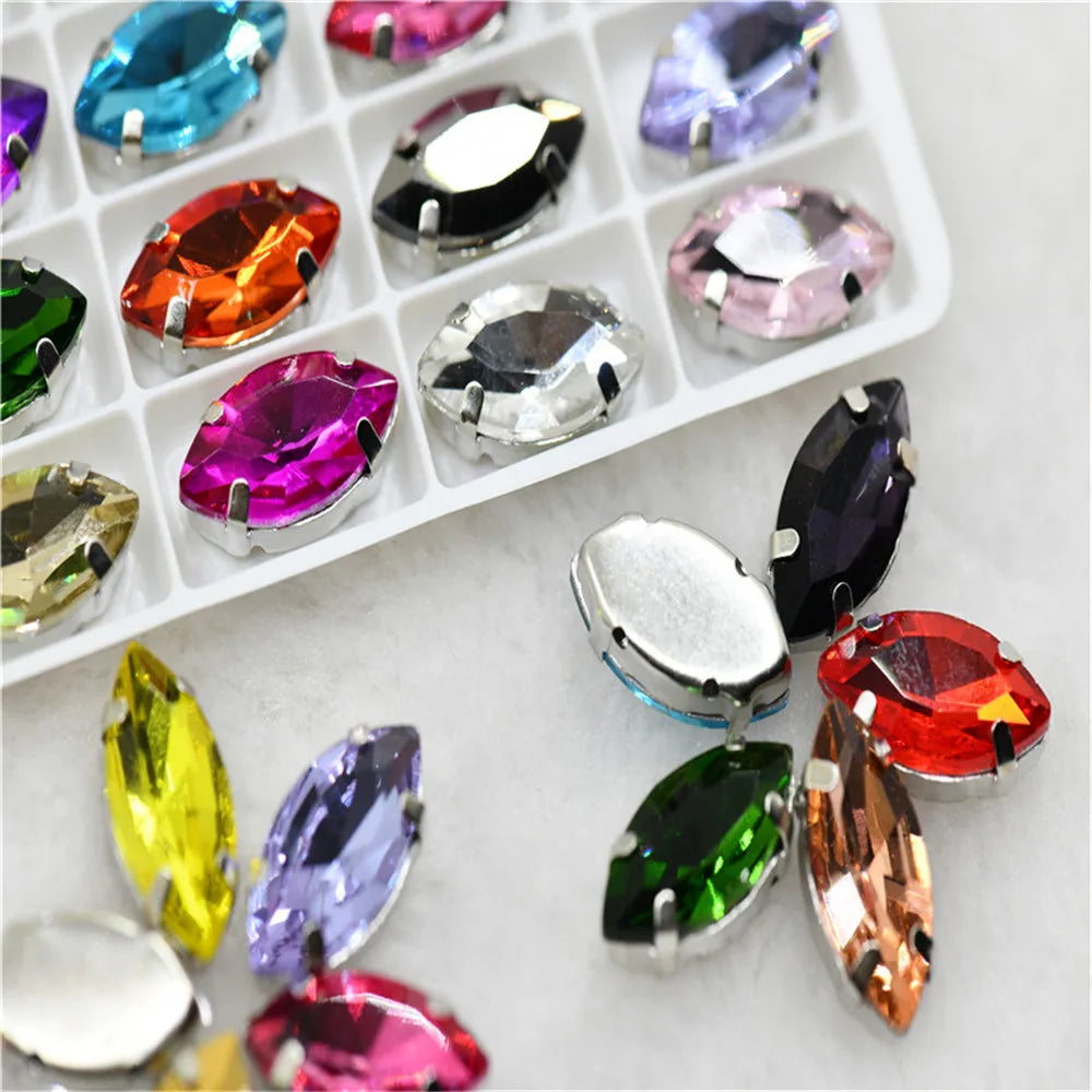 Navette rhinestones with claw silver golde base clothes sew on jewels soldering DIY jewelry Accessories