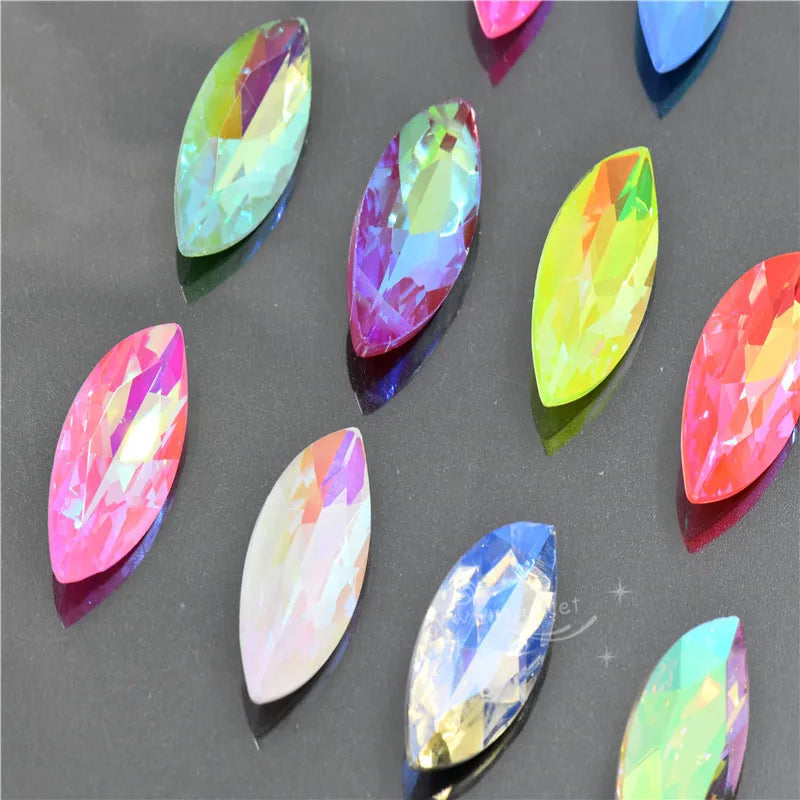 All mocha ab Glue on Bulk wholesale Navette  glass stones pintback for jewelry Glitter stones Crystal rhinestones 9x18mm 17x32mm