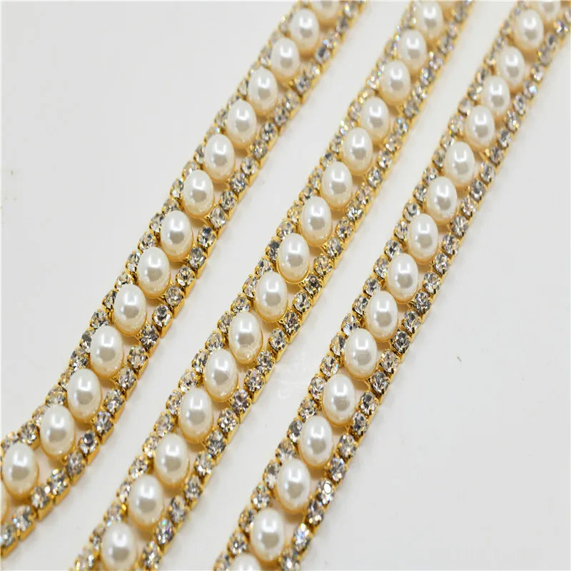 Pearls Crystal Rhinestone Applique Strass Trims Silver Gold Base Bridal Dress