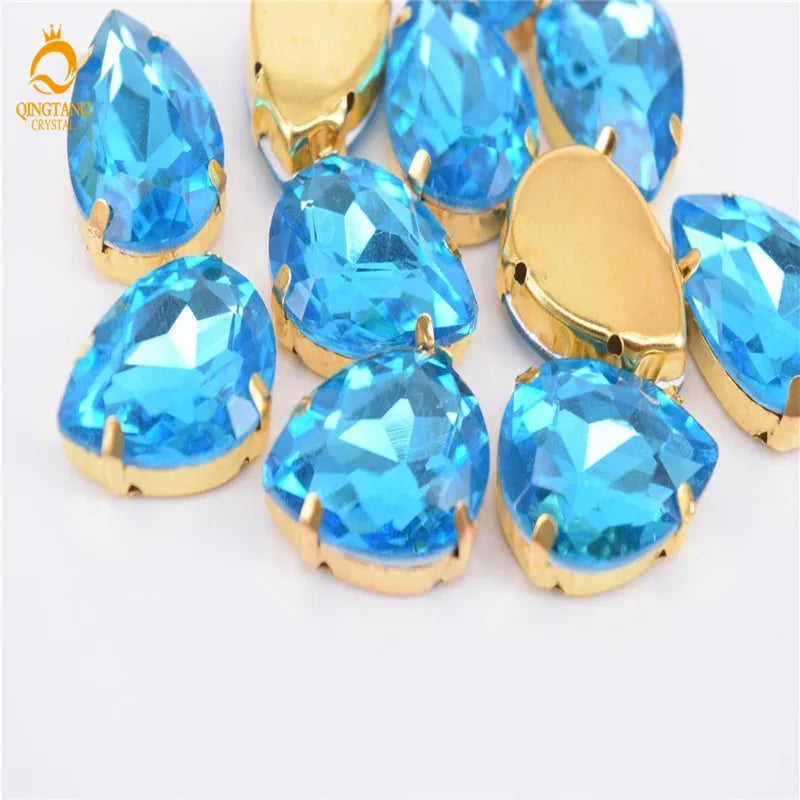 Golden Setting  Crystal AB Rhinestone Teardrop Stones  Applique Strass buttons for clothes Costume Dress SEW ON