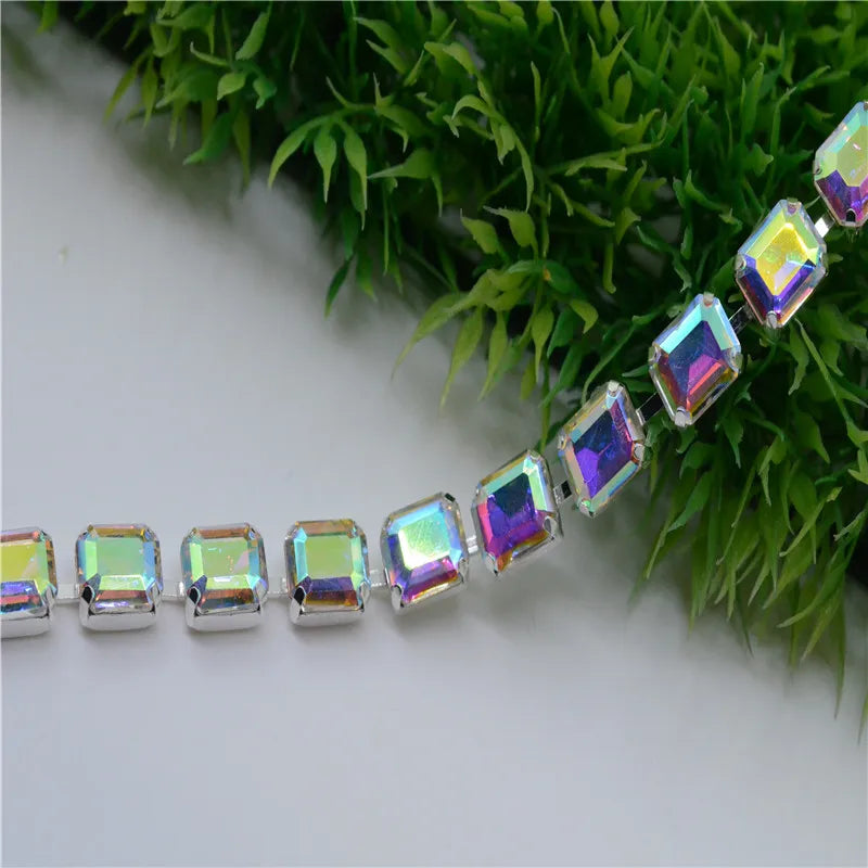 8x10mm Crystal Rhinestones Rectangle Chain Linked Silver Sew on Quite Personality cuentas ring