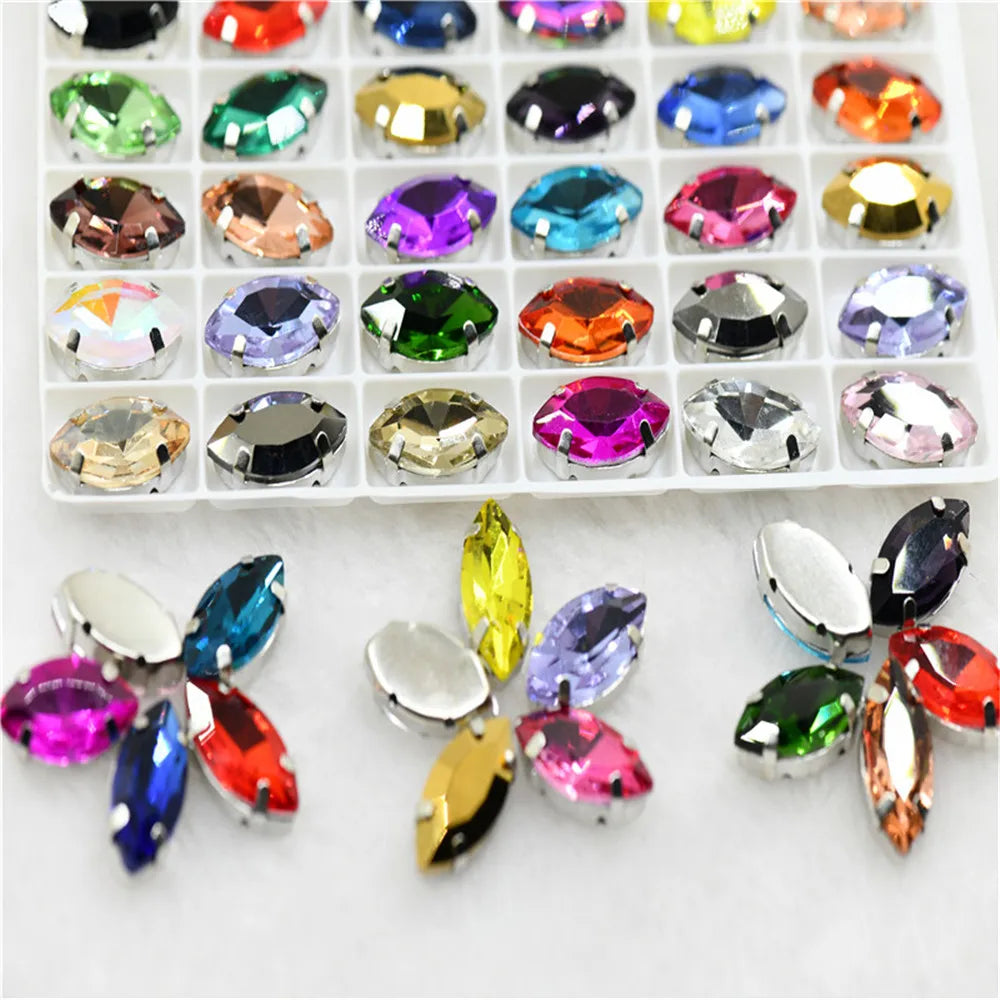 Navette rhinestones with claw silver golde base clothes sew on jewels soldering DIY jewelry Accessories