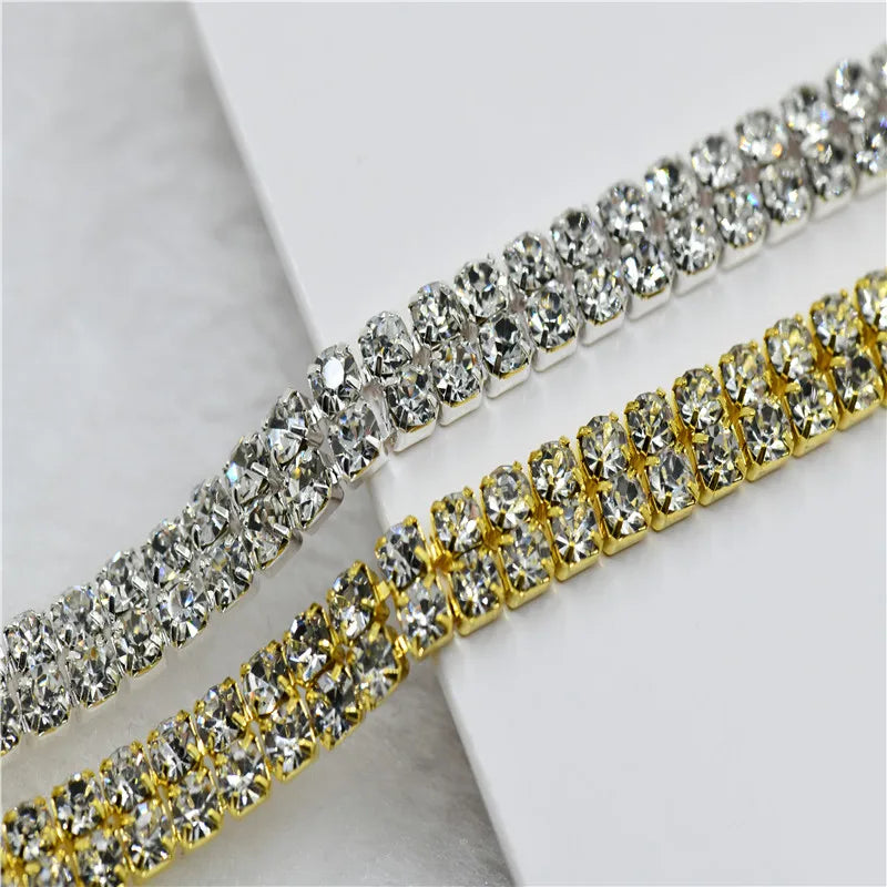 10 yards Glitter 2 rows Rhinestones chain AAA quality  silver gold claw Wholesale  Wedding decoration bride Dress sewing trim