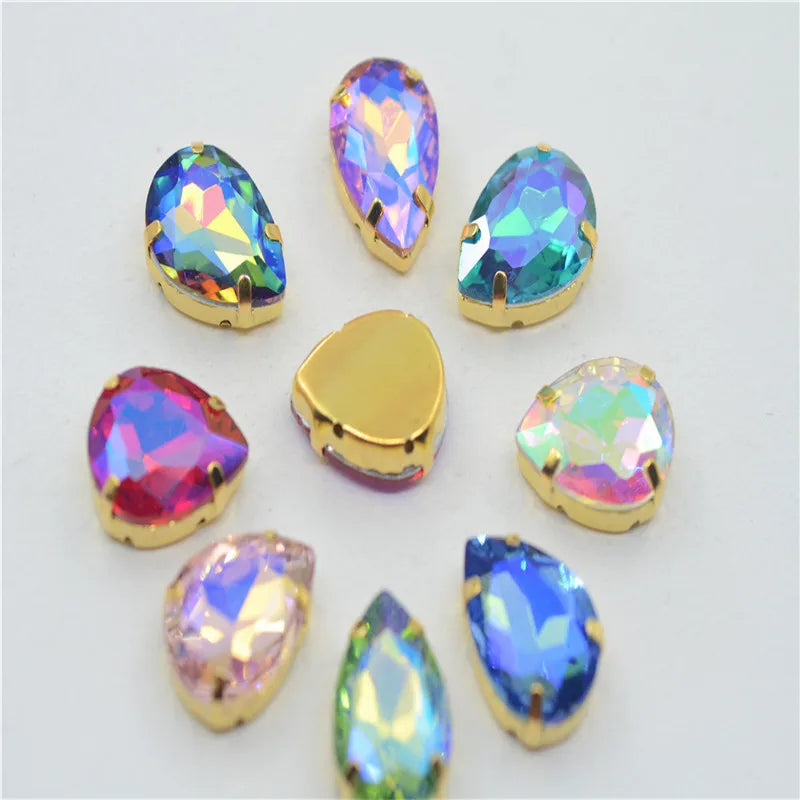 Golden Setting  Crystal AB Rhinestone Teardrop Stones  Applique Strass buttons for clothes Costume Dress SEW ON