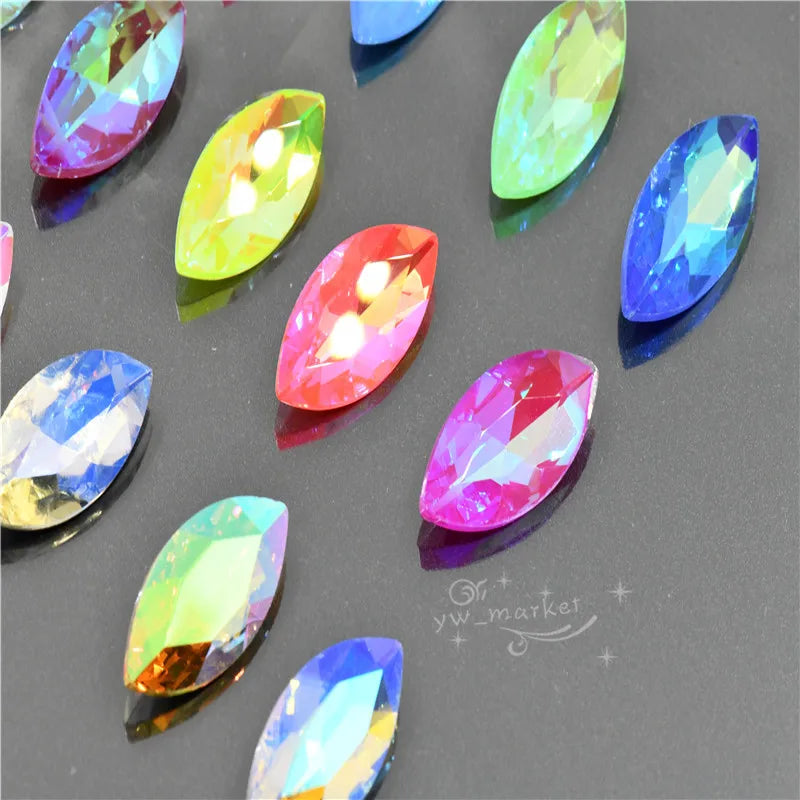 All mocha ab Glue on Bulk wholesale Navette  glass stones pintback for jewelry Glitter stones Crystal rhinestones 9x18mm 17x32mm