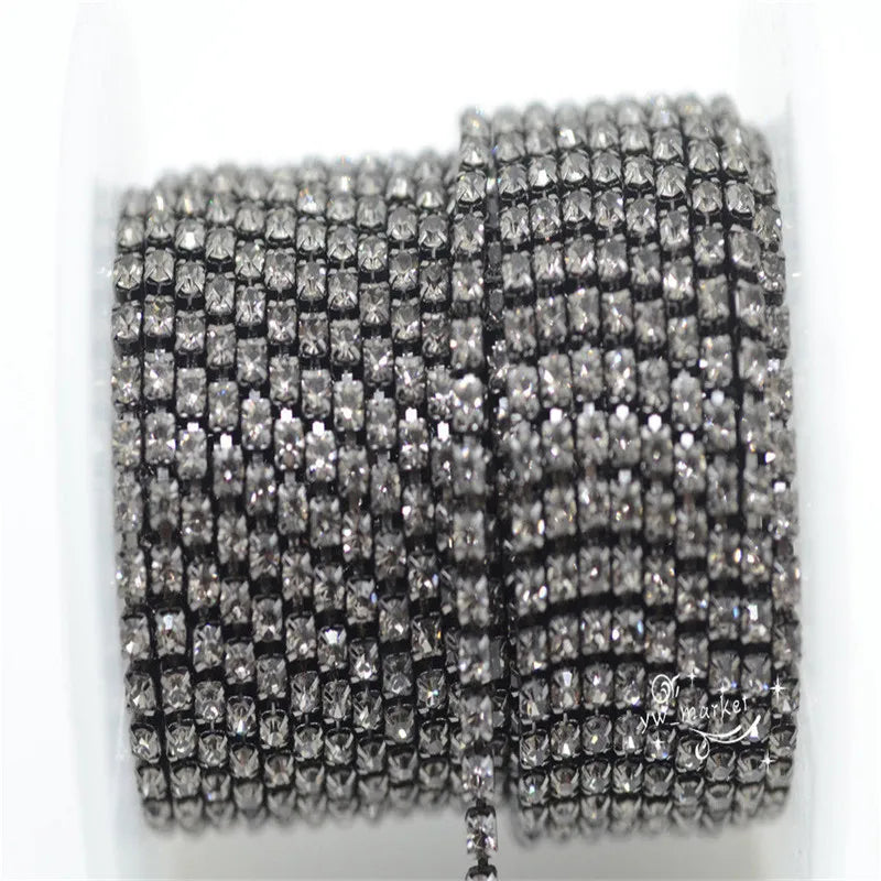 ss6/ss8/ss10 Grey Crystal stones  Rhinestone Close Chain Trim Gun Black 10 Yard