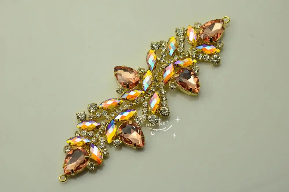 Sewing Color Crystal AB Rhinestone Applique Strass Trims Gold Base Bikini Crafts Dress Sew on (K9038)