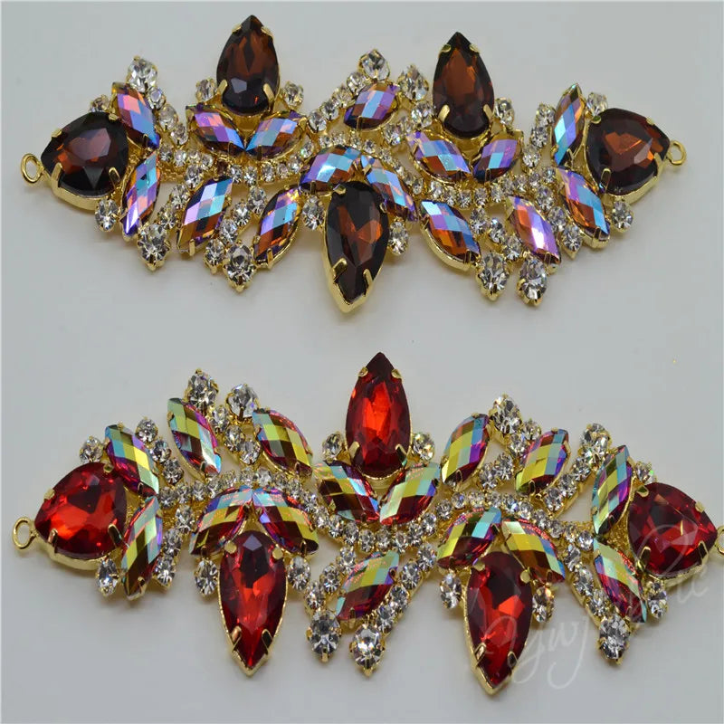 Sewing Color Crystal AB Rhinestone Applique Strass Trims Gold Base Bikini Crafts Dress Sew on (K9038)