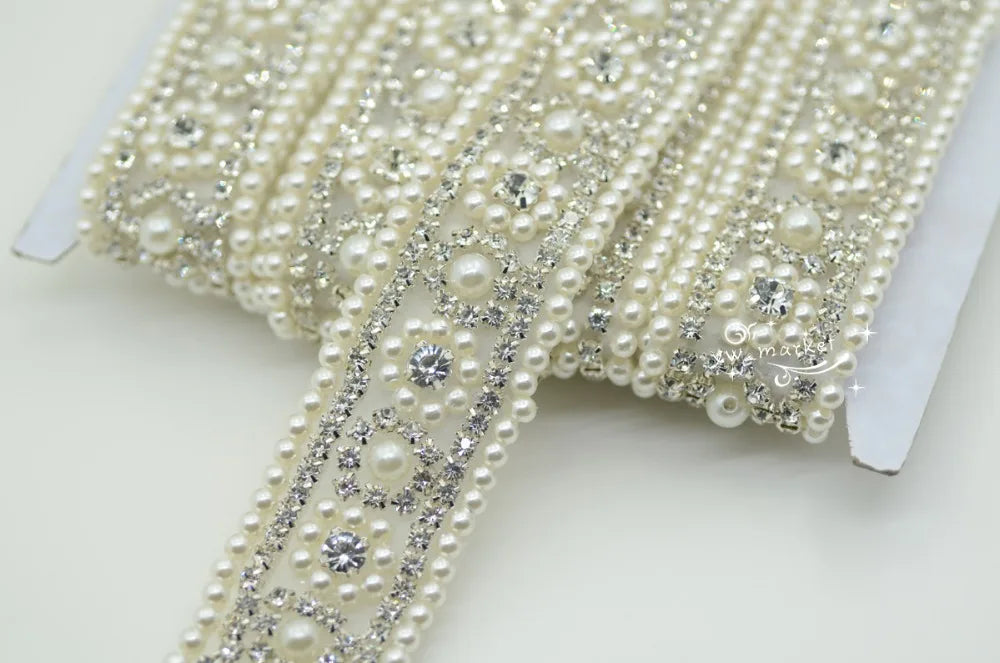 1 Yard Pearls crystal rhinestone beaded trim applique Iron On bridal Sewing A103