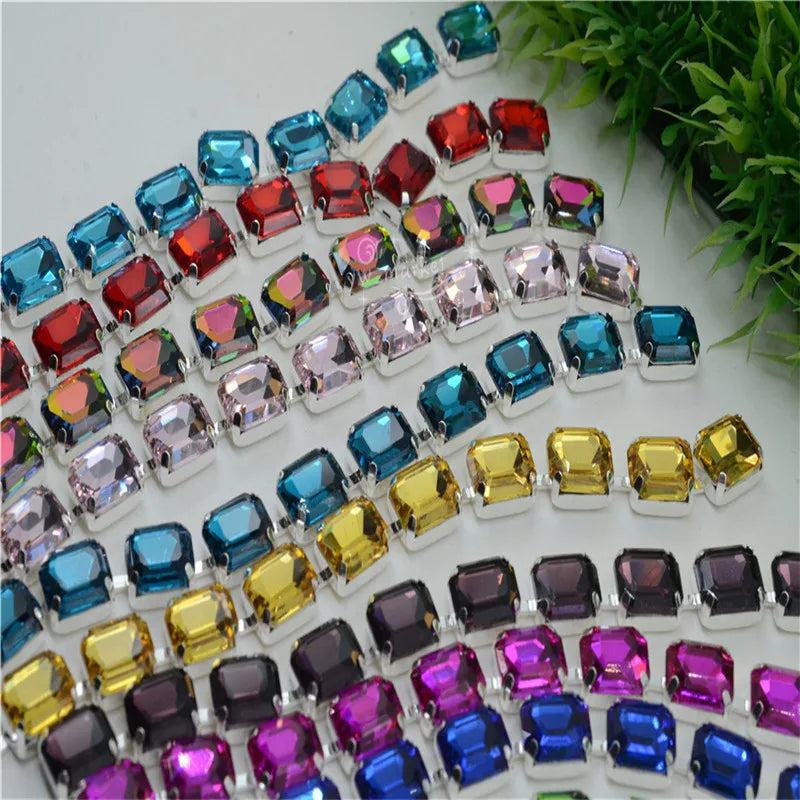 8x10mm Crystal Rhinestones Rectangle Chain Linked Silver Sew on Quite Personality cuentas ring