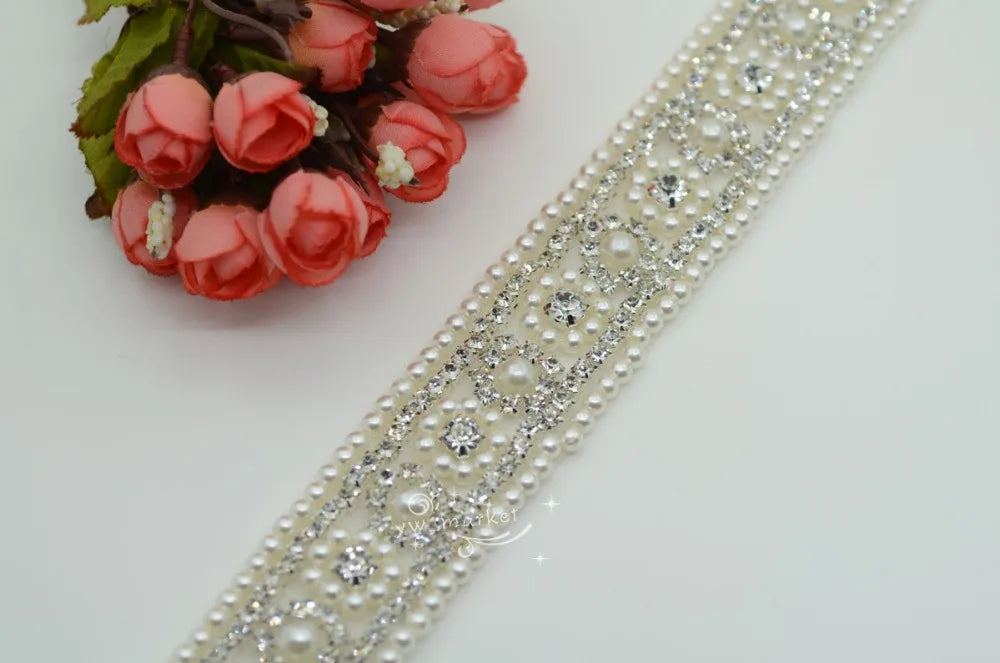 1 Yard Pearls crystal rhinestone beaded trim applique Iron On bridal Sewing A103