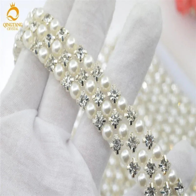 Crystals ab Pearls beads Trim Applique Iron On Clothes Dress Crafts  3 row 6row 1 Yard