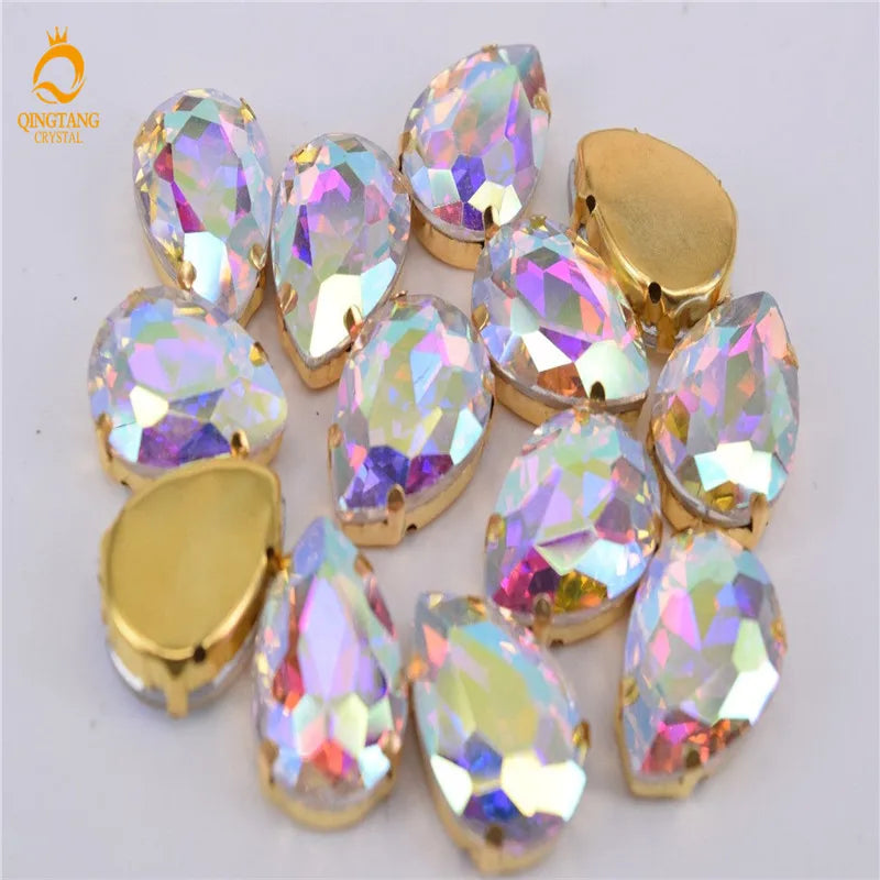 Golden Setting  Crystal AB Rhinestone Teardrop Stones  Applique Strass buttons for clothes Costume Dress SEW ON