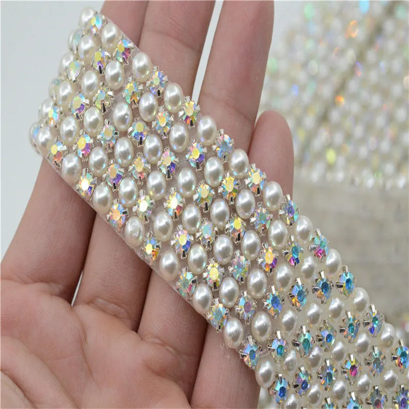 Crystals ab Pearls beads Trim Applique Iron On Clothes Dress Crafts  3 row 6row 1 Yard