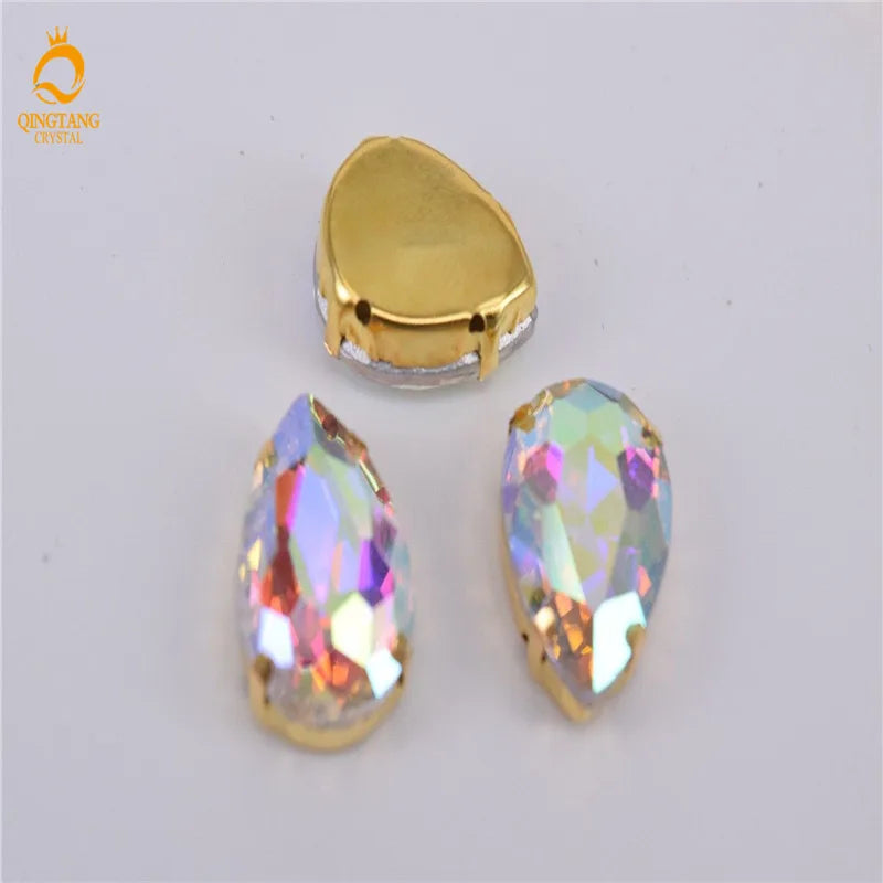 Golden Setting  Crystal AB Rhinestone Teardrop Stones  Applique Strass buttons for clothes Costume Dress SEW ON