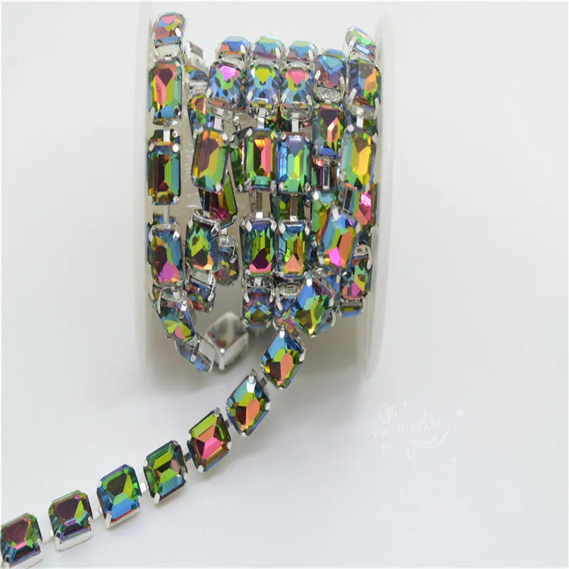 8x10mm Crystal Rhinestones Rectangle Chain Linked Silver Sew on Quite Personality cuentas ring