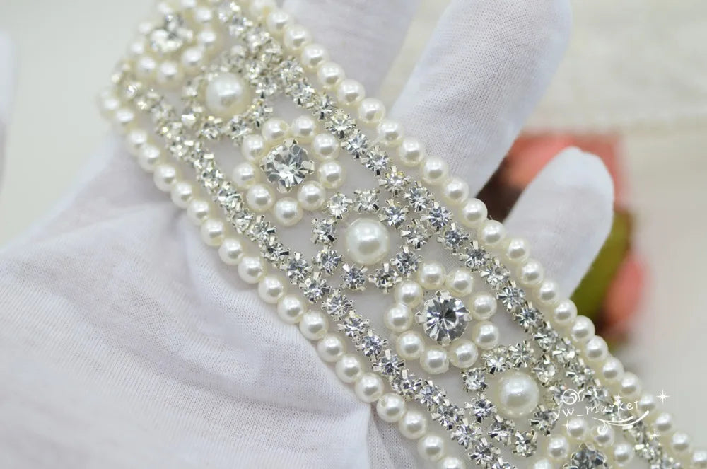 1 Yard Pearls crystal rhinestone beaded trim applique Iron On bridal Sewing A103