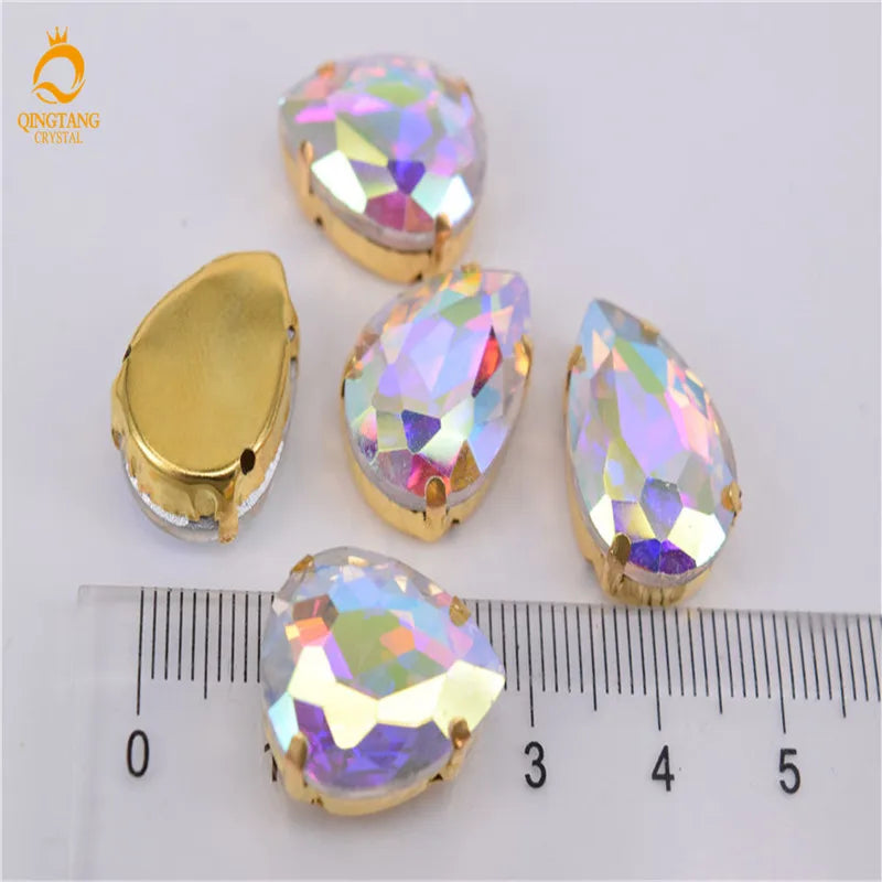 Golden Setting  Crystal AB Rhinestone Teardrop Stones  Applique Strass buttons for clothes Costume Dress SEW ON