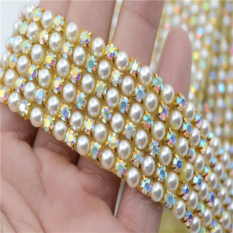 Crystals ab Pearls beads Trim Applique Iron On Clothes Dress Crafts  3 row 6row 1 Yard