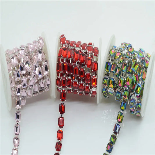 8x10mm Crystal Rhinestones Rectangle Chain Linked Silver Sew on Quite Personality cuentas ring