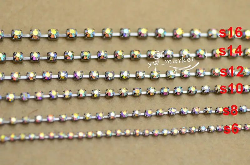 2mm~6mm Crystal AB Rhinestone Strass Chain Gun Black Trim Costume Dress Sewing Accessories Jewelry Making 10 yards