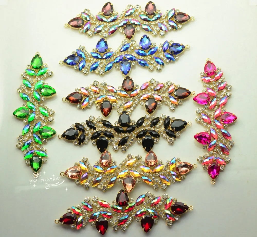 Sewing Color Crystal AB Rhinestone Applique Strass Trims Gold Base Bikini Crafts Dress Sew on (K9038)