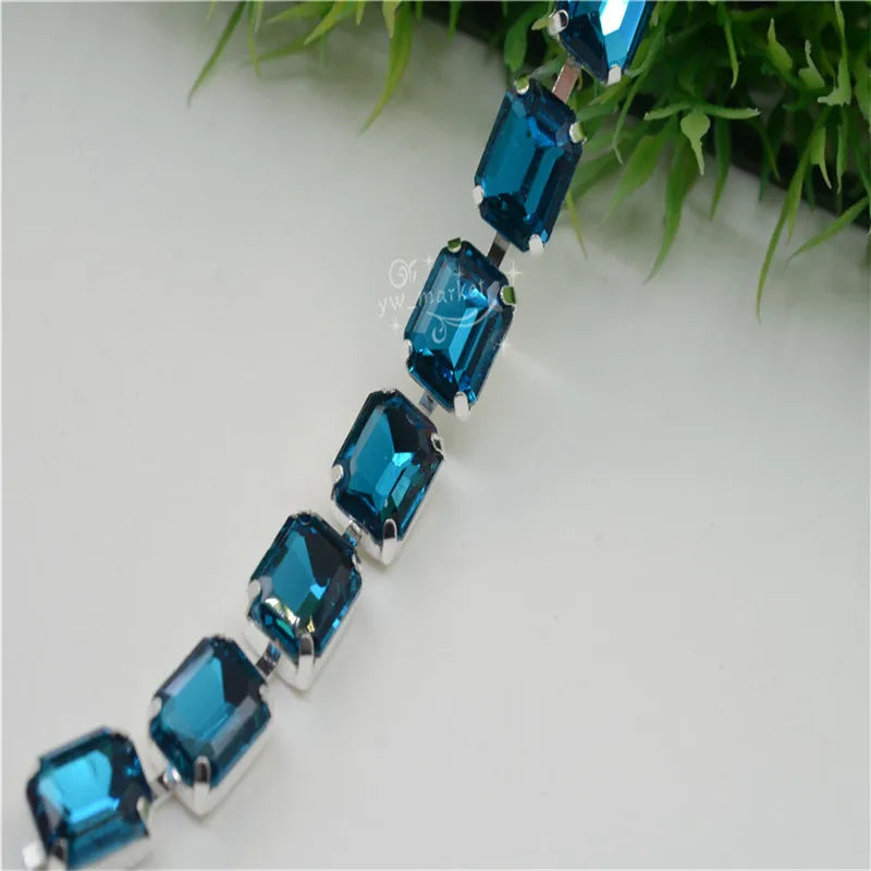 8x10mm Crystal Rhinestones Rectangle Chain Linked Silver Sew on Quite Personality cuentas ring