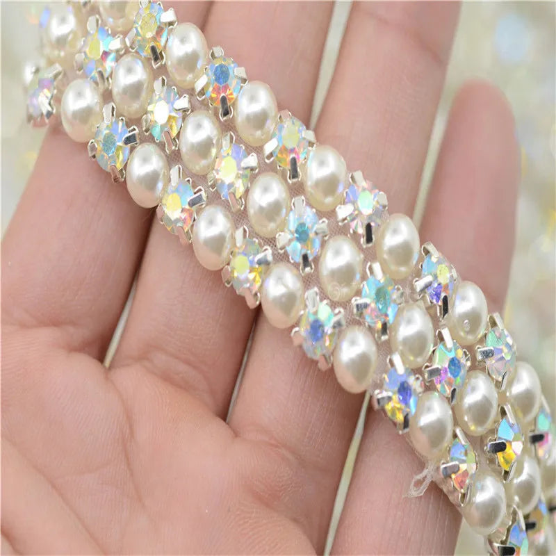 Crystals ab Pearls beads Trim Applique Iron On Clothes Dress Crafts  3 row 6row 1 Yard