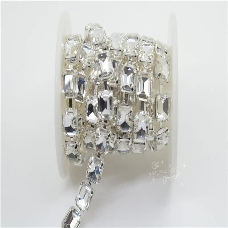 8x10mm Crystal Rhinestones Rectangle Chain Linked Silver Sew on Quite Personality cuentas ring